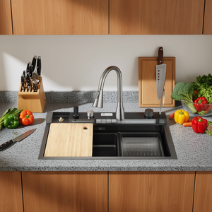 Évier de cuisine en acier inoxydable à cuve unique avec robinet extractible design cascade pour le lavage des légumes usage domestique - Product Image 2