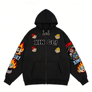 Service OEM/ODM personnalisé : Sweat-shirt à capuche zippé pour homme, style streetwear, surdimensionné, avec broderie cartoon et patchwork graphique. - Product Image 1