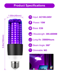 120V 220V E26 <span class=keywords><strong>E27</strong></span> UVA 395-400nm que brillan en la oscuridad para pintura corporal fiesta cartel fluorescente LED bombilla negra <span class=keywords><strong>15W</strong></span> - Product Image 2