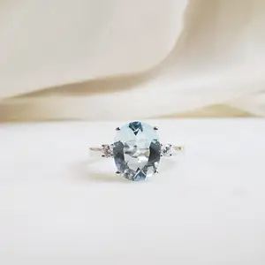 18k镀金海蓝宝石戒指套装925纯银海洋蓝色天然海蓝宝石戒指带水晶
