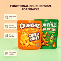 Sachet souple laminé à fond plat personnalisé imprimé pour aliments, idéal pour l'emballage de nourriture pour bébés et de snacks soufflés pour enfants, qualité alimentaire, en promotion