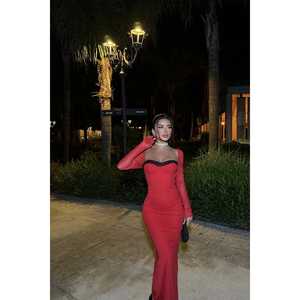 Robe de soirée rouge coupe trapèze, taille empire, formelle, tailles XS-XL, dos lacé, strass, longueur ras du sol, pour le bal de promo - Product Image 2