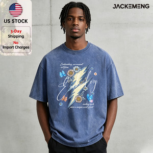 Camiseta al por mayor 100% algodón con bordado floral relámpago, estilo oversize retro hip hop streetwear, camiseta para hombre desde almacén de EE. UU. - Product Image 1