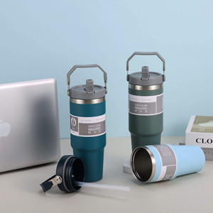 Portable 20oz 30oz Outdoor Leakproof Stainless Steel Flip <b>Straw</b> Insulated Travel Coffee Cup Tumbler <b>with</b> Handle - Product Image 6