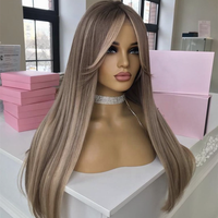 Nouvelle perruque ondulée brune avec mèches cendrées, 100 % cheveux humains, pour femmes, en cheveux vierges Remy européens, perruque frontale en dentelle 13x4 avec frange