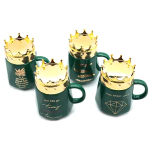 Crown Mug Keramik Hijau Zamrud Nordic, Cangkir Kopi Gadis dengan Tutup Mahkota dan Sendok Emas