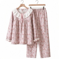 Ensemble pyjama 2 pièces pour femmes Y2635A2049, pantalon long à motif floral teinté en fil, col rond, manches longues