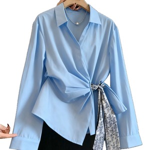 Chemise à manches longues bleu clair pour femme avec ceinture, chemisier en popeline uni, style bureau, vêtements printemps-été - Product Image 1