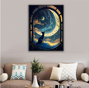 Kit de pintura de diamantes Moon Night, arte de cristal de gato negro en <span class=keywords><strong>tela</strong></span>, pintura de pared impresa para adultos - Product Image 1