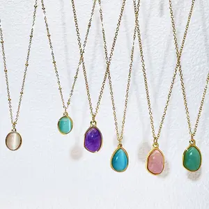 New Trendy Opal Oval Pendant Jewelry Women Crystal Necklace Green Cat's Eye Healing Natural Stone Stainless Steel Necklace