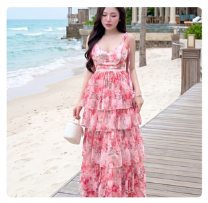 Vestido Maxi de Gasa Floral con Volantes para Mujer, Cuello en V, Sin Mangas, Tirantes Finos, Corte A, Cintura Imperio, Ideal para Vacaciones y Verano, Estilo Fluido - Product Image 1