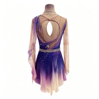 Robe de patinage artistique à manches longues en maille, dégradé violet, asymétrique à une épaule, avec ceinture à strass et dos ajouré à anneaux, pour la compétition