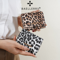 Dompet Pendek Motif Leopard Baellerry Fashion Wanita, Bahan Kulit PU, Lipat Tiga, Banyak Slot Kartu, dengan Kantong Koin Ber-resleting