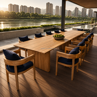 Ensemble de salle à manger d'extérieur en teck massif de qualité hôtelière de luxe, extra long, 10-12 places, avec fauteuils à coussins bleu marine imperméables