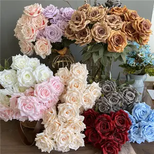 Buquê de flores artificiais de seda, grande suporte para mão, buquê de rosas vermelhas, 9 cabeças, centro de pcr para casamento, mesa, flores