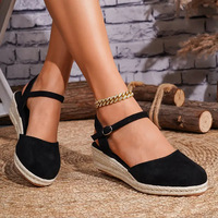 Sandalias de cuña con correa al tobillo para mujer, de ante, con punta cerrada, estilo slingback, plataforma, zapatos casuales de verano para mujer, compatibles con OEM ODM