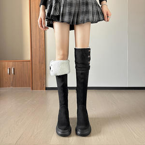 Automne hiver nouveau doux confortable daim talon épais genou bottes hautes fermeture éclair bout rond bottes imperméable plate-forme hauteur botte - Product Image 5