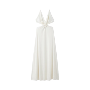 Elegante vestido largo de satén blanco con escote cruzado, sin mangas, estilo tubo, para ocasiones formales - Product Image 4