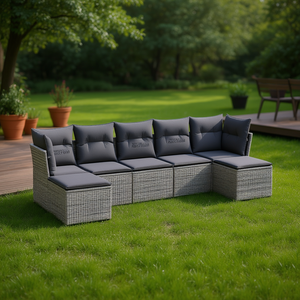 Ensemble de canapés de jardin modulaires en polyrotin gris 6 places, mobilier d'extérieur au design contemporain, résistant aux intempéries - Product Image 2