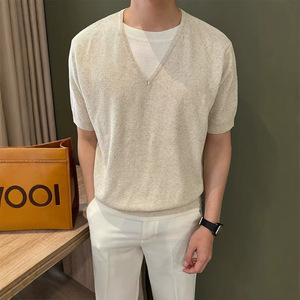 T-shirt en tricot à manches courtes et col en V pour homme, couleur abricot, MLXL2XL, vêtements décontractés pour jeunes - Product Image 2