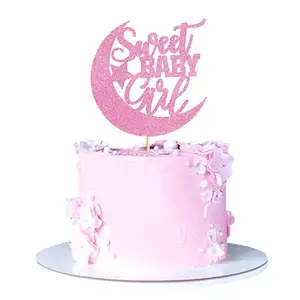 Glitter Pink Kertas Kue Puncak Manis Bayi Perempuan Kue Puncak dengan Bulan Bintang untuk Baby Shower Kue Topper Dekorasi