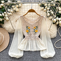 Chemise à manches longues en dentelle crochetée brodée pour femme, style peplum, pour le printemps et l'été