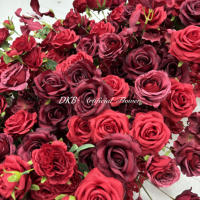 Chemin de table en fleurs artificielles en soie de haute qualité, rouge bordeaux, feuilles vertes, pour centre de table de mariage