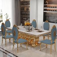 Ensemble de table à manger en marbre de style européen moderne et luxueux, structure en acier inoxydable, 10 places, pieds en métal rectangulaires pour salle à manger de villa