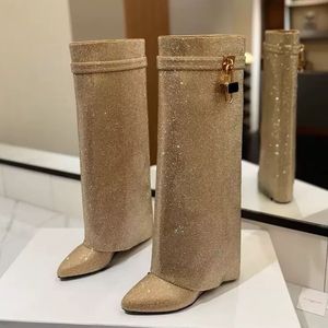Botas de tacón de cuña con pedrería para mujer, de caña alta, con decoración de cierre y efecto de aumento de altura - Product Image 5