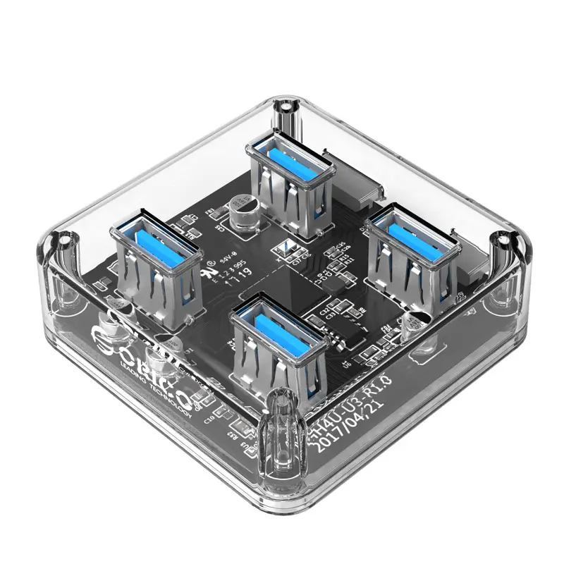 ORICO Transparan 4 Port USB 3.0 HUB untuk Desktop / Laptop dengan 30 / 100 CM Kabel Data Mendukung Catu Daya Micro USB Eksternal