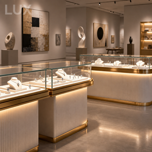 Vitrine à bijoux incurvée moderne avec éclairage LED, en verre trempé robuste et métal, pour magasin de bijoux - Product Image 5