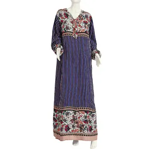 Modern Print Design Casual Dubai Cotton Long Sleeve Embroidered cotton printed long sleeve muslim woman s dress