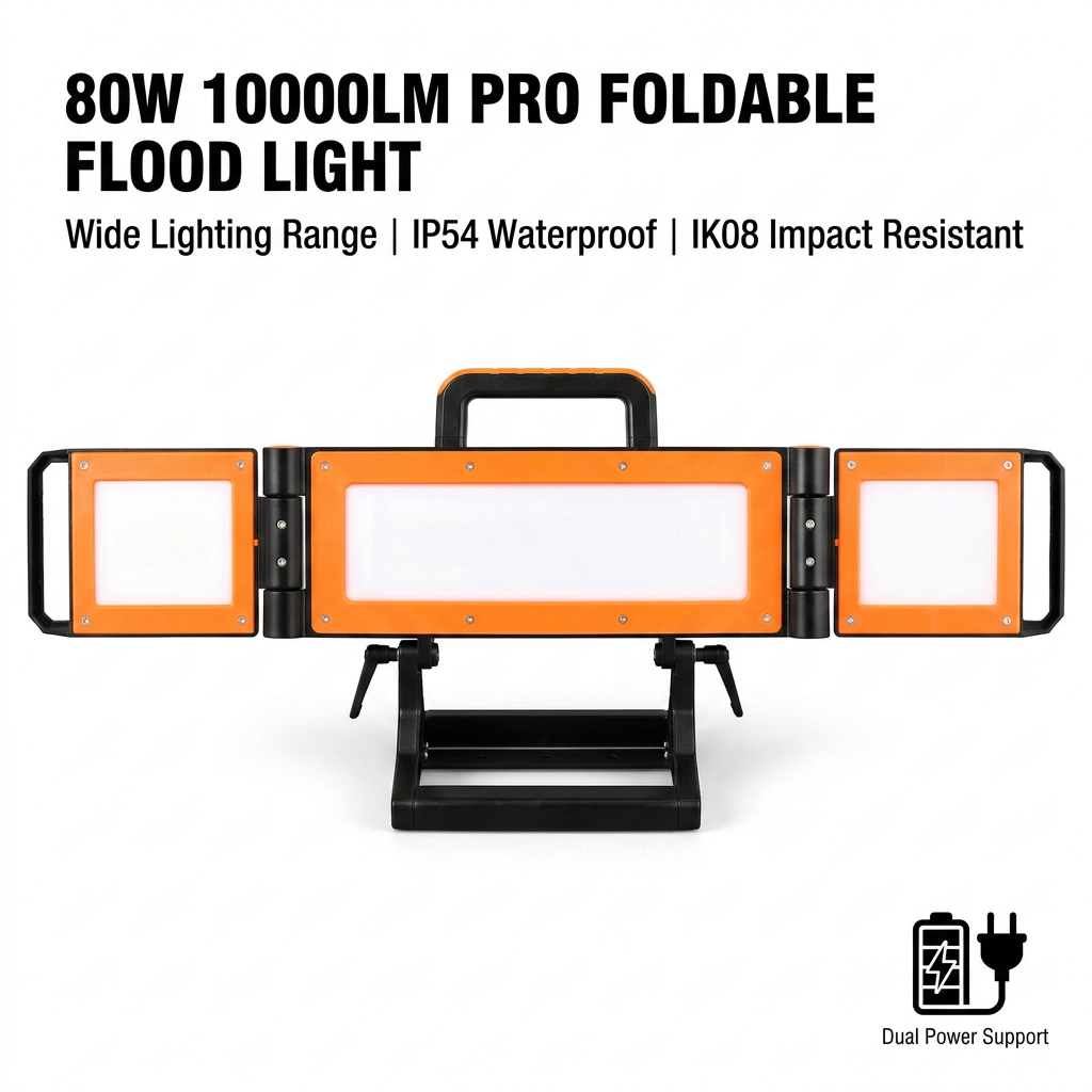 Rechargeable LED Flood Light Foldable Structure Broad Illumination Main and Side Lights Independent Switches Brightness