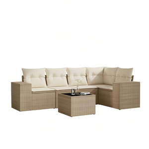Ensemble de canapés de jardin en rotin beige moderne, meubles d'extérieur avec coussins en mousse haute densité, design contemporain - Product Image 1