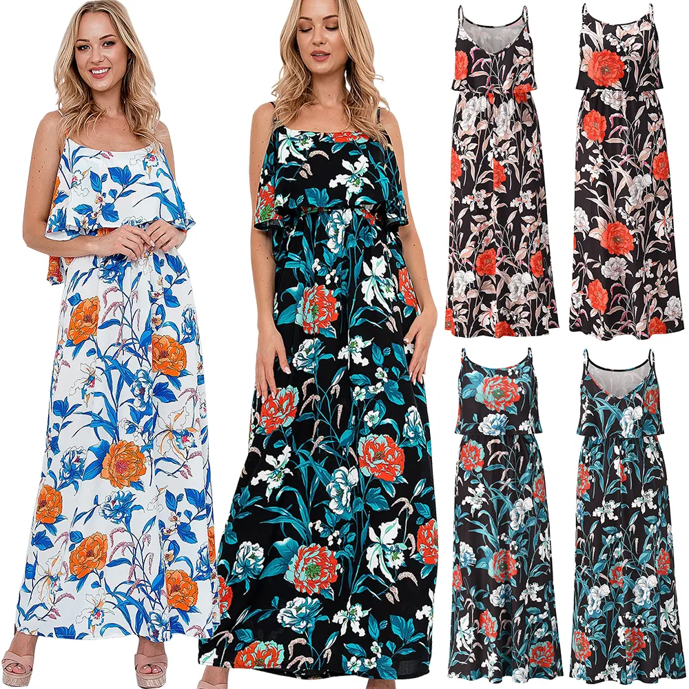 Mode Groothandel Bloemen Vakantie Plus Size Goedkope Elegante Casual Vrouwen Maxi Jurk