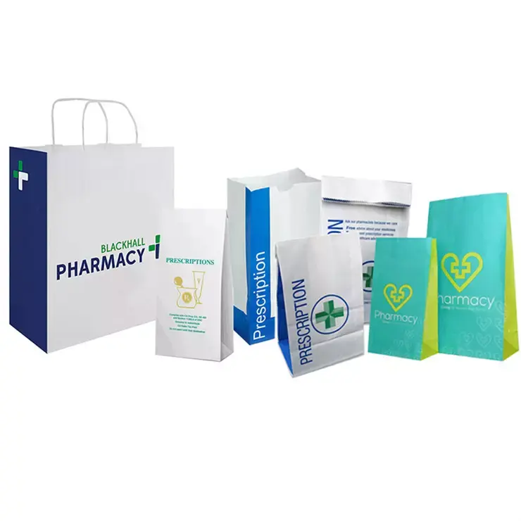 Pharmacy Packaging Bag Block Bottom Medicine Prescription Pill Pharmacy Kraft Paper Bag For Hospital