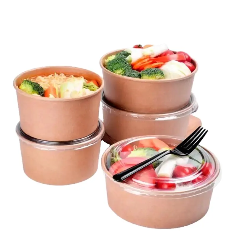 High Quality Luxury Biodegradable Compostable Degradable Kraft Paper Salad Bowls Disposable Paper Bowls With lid