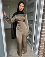 Ensemble 2 pièces Abaya de luxe en satin pour femme, vêtements musulmans, haut élégant à manches longues et col rond, pantalon large, tenue islamique modeste