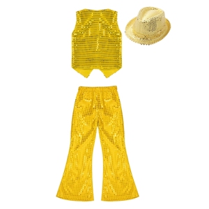 Kids Hand-wash Sparkly Jazz Stage Style Full Sequin V-neck Vest and Flared <b>Pants</b> 3 Piece Set for Boys Girls Custom Performance - Product Image 5