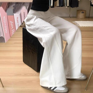 Jeans Bianchi a Vita Alta Casual Lavati a Gamba Larga per Donna Vestibilità Comoda Drappeggiati Dritti con Effetto Snellente ad Asciugatura Rapida - Product Image 1