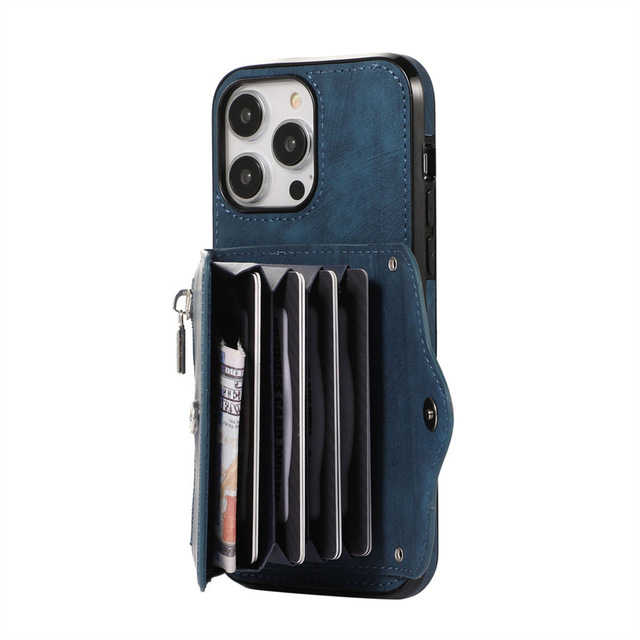 Luxury Business Style Leather Wallet Phone Case With Wrist and Long Shoulder Strap for iPhone 15 14 Pro Max Stand Phone Case