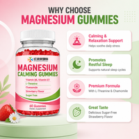 Gummies au magnésium avec L-théanine, camomille, vitamine B6 et vitamine D3, saveur fraise, sans sucre, flacon de 60 unités