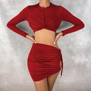 Sexy Fall Night Club Side Hollow Out Long Sleeve Ruched Drawstring Solid Women Two Piece Set
