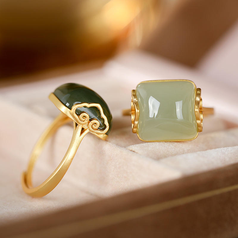 Wholesale Simple Retro Elegant S925 Sterling Silver Gilt Agate Ring Ethnic  Natural Hetian Wishful Open Jade Ring Women Ring