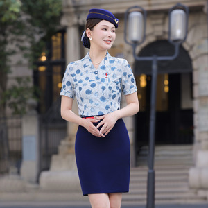 Summer Women's Short Sleeve Shirt Blue Floral Print Slim Fit No-Wrinkle Polyester Airline Uniform Workwear - Product Image 3