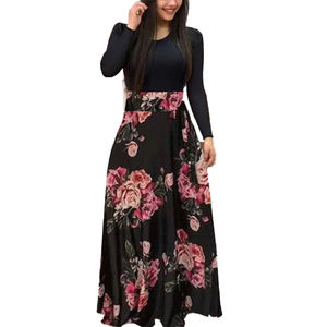 Robe longue élégante pour femmes, style bohème décontracté, imprimé floral tissé, taille haute, longueur cheville, lavable - Product Image 4
