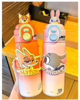Nouvelle gourde en plastique pour enfants, grande capacité 500 ml, motif ours de dessin animé, avec sangle et paille, pour l'école