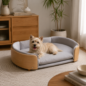 Canapé pour <span class=keywords><strong>chien</strong></span> surélevé moderne YOUME avec structure en bois courbé et coussin amovible lavable, 3 tailles pour chiens de <span class=keywords><strong>petite</strong></span> à grande <span class=keywords><strong>taille</strong></span>, ISO & BSCI - Product Image 2