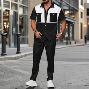 2025 nuevo conjunto de <span class=keywords><strong>chándal</strong></span> para <span class=keywords><strong>hombre</strong></span> moda de verano estilo callejero Waffle Block Color bolsillo camisa pantalones conjunto de dos piezas - Product Image 4