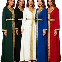Kaftan Abaya musulman élégant en polyester avec bordure dorée multicolore, col en V, manches longues, robe maxi style Dubaï